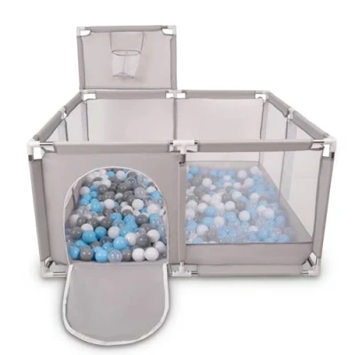 Afbeelding van Selonis kinderbox met mand en 100 ballen, grijs:grijs/wit/transparant/babyblauw