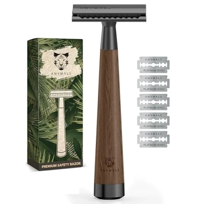 Afbeelding van ANYMALE® scheermes van walnoothout, inclusief 5 Astra messen, Zero Waste voor dames en heren