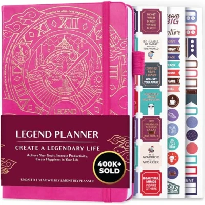 Afbeelding van Legend Planner Deluxe week &amp; maand lifeplanner om uw doelen te bereiken en gelukkiger leven. Organisator Notebook Productiviteitsdagboek. A5 Hardcover, niet gedateerd Starten op elk moment + Stickers (Felroze Goud)