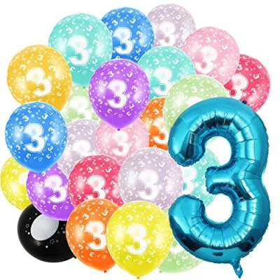 Afbeelding van Ballonnen voor 3e verjaardag, blauw, cijfer 3 en 20 stuks, 30,5 cm, veelkleurige cijfers, latex leeftijdsballonnen meisjes jongens, verjaardagsdecoraties