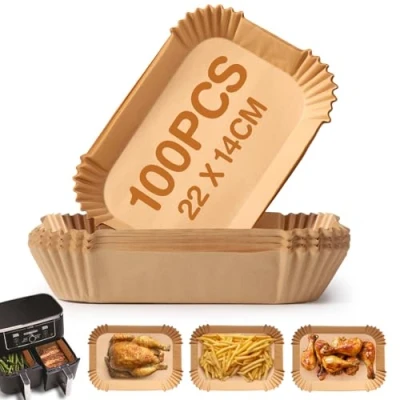 Afbeelding van Bakpapier voor heteluchtfriteuse, 100 stuks, 22 x 14 cm, rechthoekig, bakpapier, anti aanbaklaag, compatibel met Ninja AF300EU AF400EU, Princess en andere Dual Zone Air Fryer