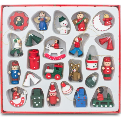 Afbeelding van BRUBAKER 24 delige set kerstboomversieringen van hout, tot 4 cm grote figuren, handbeschilderd