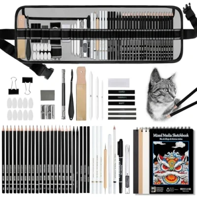 Afbeelding van KIMIGO Schetspotloden en tekenset,schetspotloodset, kunstbenodigdheden,schetsen se tekenpotloden set professionele kunstset voor kunstenaars,beginners,scholieren kit tas(35 stuks)