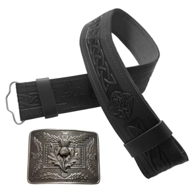 Afbeelding van STITCHIFY Traditionele Schotse lederen kilt riem en antieke distelgesp, Keltische reliëf/distelgesp zwart set, XL