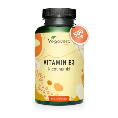 Afbeelding van Vegavero Vitamine B3 Niacine 500 mg nicotinamide 180 capsules voorraad voor 6 maanden Spoelvrij Laboratoriumgetest geen toevoegingen Vegan
