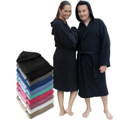 Afbeelding van LEBENGOOD Badjas voor heren, uniseks, met capuchon, 100% Amerikaans katoen, 400 g, zachte badjas, douchehanddoek dames, Zwart, XL