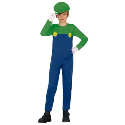 Afbeelding van Guirca Luigi Kostuum Pizza Bakkende Loodgieter Kind Blauw, Groen 10 12 jaar Carnavalskleding Verkleedkleding