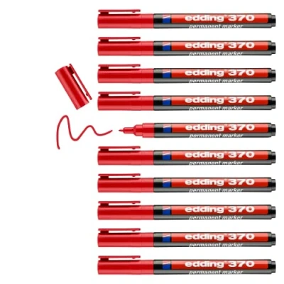 Afbeelding van edding 370 permanent marker rood 10 stiften fijne ronde punt 1 mm watervast, sneldrogend multi marker, universele stift voor karton, kunststof, hout, metaal, glas, steen, linnen