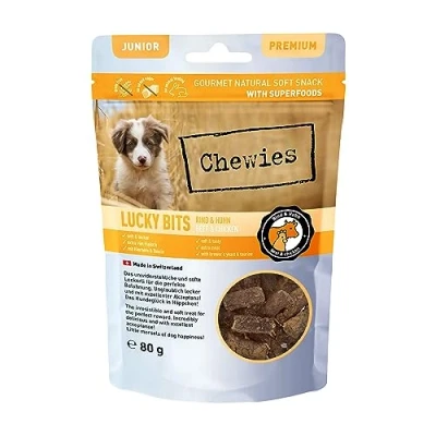 Afbeelding van Chewies Lucky Bits Rind &amp; Kip Junior hondensnacks voor puppy&#039;s graanvrij zacht met veel eiwitten en superfoods zoals biergist of ginkgo, zonder suiker (80 g)