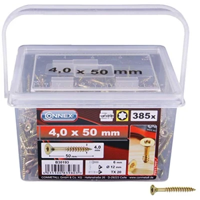 Afbeelding van Connex Universele schroeven 4,0 x 50 mm 385 stuks in een set verzonken kop TX Torx aandrijving gedeeltelijke schroefdraad geel verzinkt/schroevenset/schroevenemmer/goud / B30193