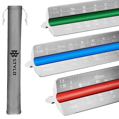 Afbeelding van Stylo Aluminium architect schaalliniaal 30 cm liniaal lasergeëtste driehoek opstellen met kleurgecodeerde groeven voor blauwdruk, metrische architectonische