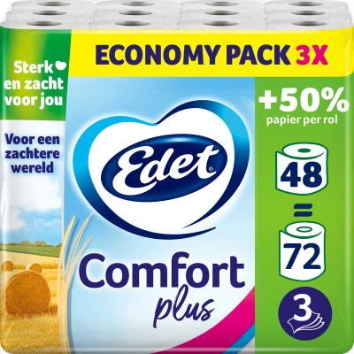 Afbeelding van Edet Comfort Plus Toiletpapier met stro 3 laags 48 maxi rollen = 72 voordeelverpakking