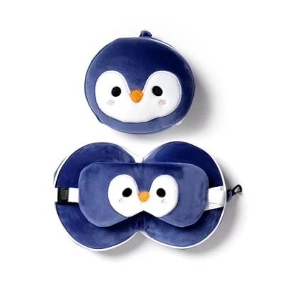 Afbeelding van Relaxeazzz Pinguin knuffel/reiskussen/slaapmasker 2 in 1 set voor kinderen vliegtuig of auto
