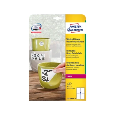 Afbeelding van Avery Afneembare Weerbestendige Etiketten Ft 99,1 X 139 Mm (b H), Wit, Doos Van 80 Etiket