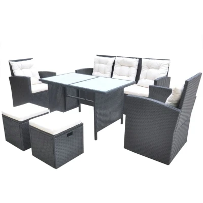 Afbeelding van 6 delige Tuinset met kussens poly rattan zwart