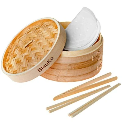 Afbeelding van Stoommandje van Bamboe 25cm Stoomboot met 2 Laags Manden en Deksel, Paar Herbruikbare Eetstokjes, 1 Tang 50 Papier Stomer voor Het Bereiden Dumplings, Groenten, Rijst