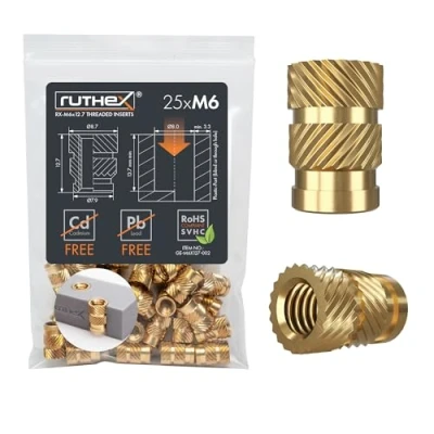 Afbeelding van ruthex M6 Schroefdraadinzet, 25 stuks RX x 12,7 schroefdraadbussen van messing, stabiele inpersmoeren voor kunststof onderdelen, door warmte of ultrasoon geluid in 3D printdelen te