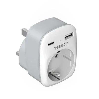 Afbeelding van TESSAN Reisadapter UK Adapter Engeland Duitsland Stekker met 2 USB (2,4A), Stekkeradapter Reisstekker Stroomadapter voor Lerland Groot Brittannië Wandlader Laadstation, Reisstekkeradapter