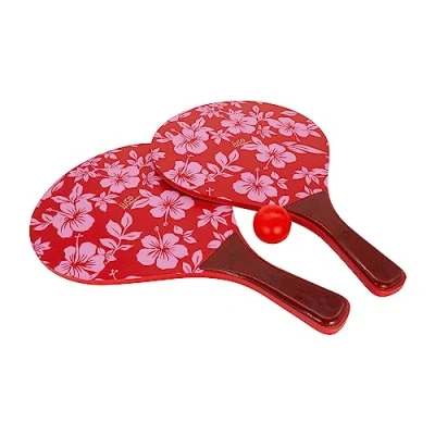 Afbeelding van Beach Ball spel houten set retro in rood met bloemenpatroon, 2 rackets, 1 bal vrijetijdsplezier voor tuin en strand 3269