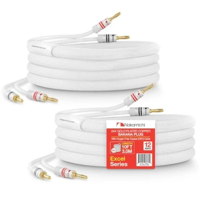 Afbeelding van Nakamichi Excel serie 24K vergulde bananenstekker 99,9% zuurstofvrij koper (OFC) zwaar gevlochten voor luidsprekerkabel versterker, in de muur CL2 beoordeeld Wit (12AWG / 10ft 3,0 m) 2 Pack