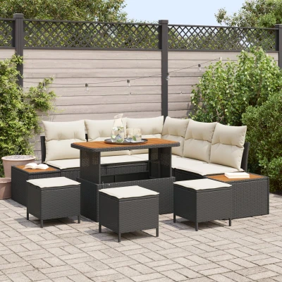 Afbeelding van vidaXL 9 delige Tuin Sofa Set met Kussens Zwart Poly Rattan Acacia