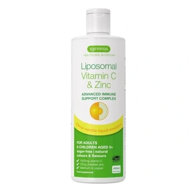 Afbeelding van Liposomale vitamine C 1000 mg en zink, vloeibaar weerstand ondersteuning complex voor volwassenen &amp; kinderen, met koper selenium, citroen vanillesmaak, 30 porties