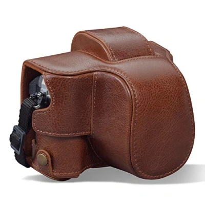 Afbeelding van MegaGear MG1933 Ever Ready echt lederen cameratas met draagriem, compatibel Olympus OM D E M10 Mark IV bruin