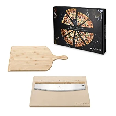 Afbeelding van Navaris pizzasteen XL voor oven, grill en barbecue 38 x 30 cm Set inclusief bamboe pizzaschep mezzaluna kruidensnijder Met receptenboek