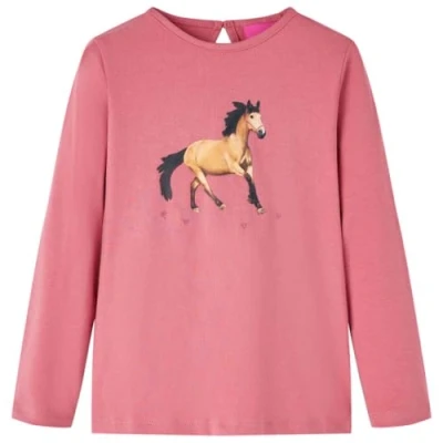 Afbeelding van Kindershirt met lange mouwen paardenprint 92 oudroze