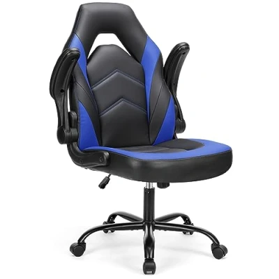 Afbeelding van Sweetcrispy Computer Gaming Desk Ergonomische bureaustoel, instelbaar en draaibaar, taak van PU leer, racestoel met opklapbare armleuning, zwart/blauw, 64 cm D x 70 B 114 H