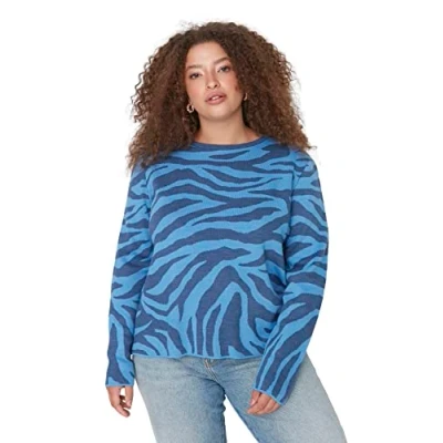 Afbeelding van Trendyol Dames Getailleerde Basic Crew Neck Knitwear Plus Size Trui, Blue, XXL