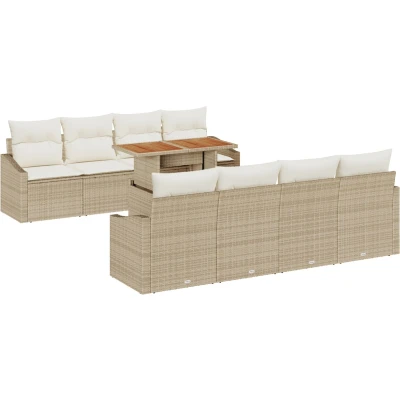 Afbeelding van vidaXL 9 delige Tuin Eetset met Kussens Beige Poly Rattan Acacia