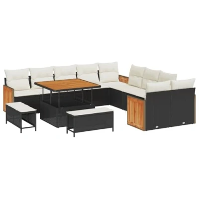 Afbeelding van vidaXL 13 delige Tuin Sofa Set met Kussens Zwart Poly Rattan Acacia, 2 zits Rattan, 3 Eettafel Acacia