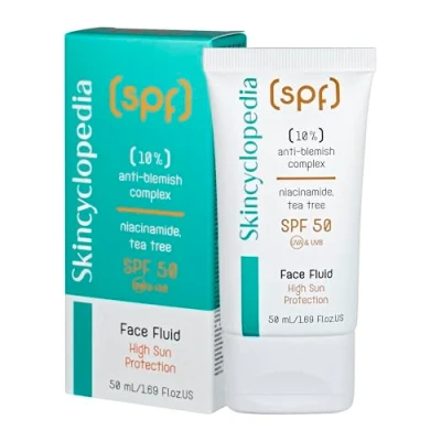 Afbeelding van Skincyclopedia zonbescherming gezichtsvloeistof SPF 50 met 10% anti onzuiverhedencomplex 50ml Niacinamide, Tea Tree, vitamine B3 Matterend Complex Verkleind poriën Hoge bescherming tegen UVA en UVB stralen