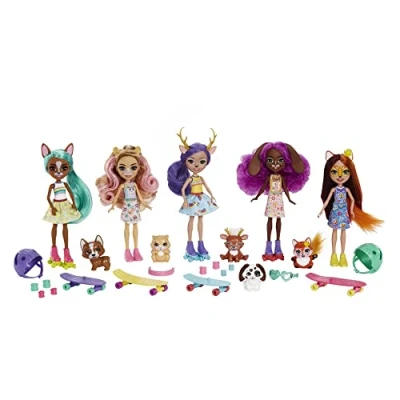 Afbeelding van Enchantimals HJH67 City Tails Skater Multipack Set van 15+ stuks en 4 poppen (15 cm) skateboard rolschaatsaccessoires Speelgoedcadeau voor kinderen vanaf jaar