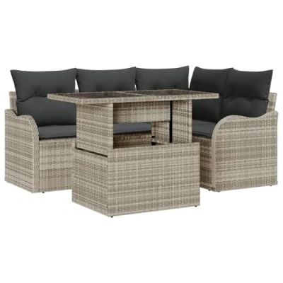 Afbeelding van vidaXL 5 delige Tuin Sofa Set met Kussens Lichtgrijs Poly Rattan, 2 Zits Opslag &amp; Rattan