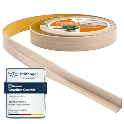 Afbeelding van Quest Zachte Plint Zelfklevend 10 mm x Buigbare Afwerkstrip voor Keuken en Badkamer Afdichtband PVC, Flexibel, Waterdicht, Decoratief (Beige, 5 Meter)