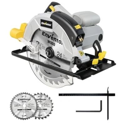Afbeelding van Enventor Cirkelzaag, 1200W handcirkelzaag met geleiderail zaagblad : 185mm, incl. 2x cirkelzaagblad (24T + 40T 5800RPM, lasergeleiding, voor hout, zacht metaal, tegels