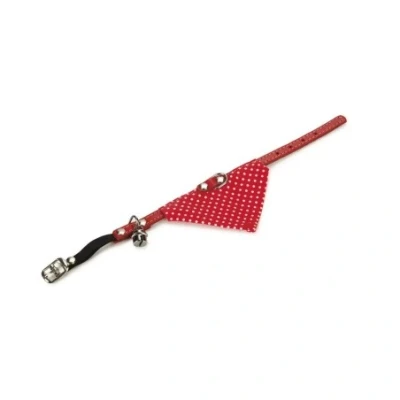 Afbeelding van Kattenhalsband leer met bel en doek rood 32x1x0,2 cm