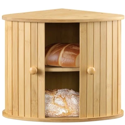 Afbeelding van Navaris broodtrommel in hoekkast design 30 x 31 cm Met schuifdeuren Vershouddoos van bamboe