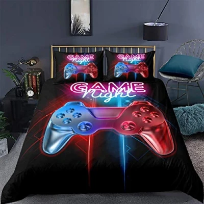 Afbeelding van Loussiesd Bedrukte dekbedovertrekset met dubbele gamer, kerstbeddengoed, meerkleurig gamepad dekbedovertrek, beddengoedset videogamecontroller voor kinderen, tieners, jongens, kamerdecoratie,