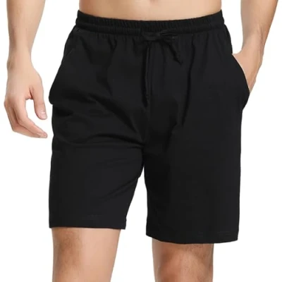 Afbeelding van Irdcomps Pyjamabroek voor heren, katoen, korte shorts, bermuda, zacht, joggen, sport, casual, elastisch, verstelbaar, met zakken, zomerpyjamashorts, 1#A Zwart, L