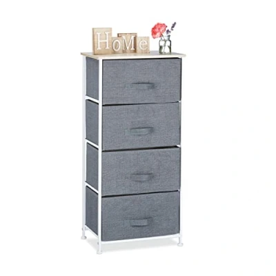 Afbeelding van Relaxdays ladekast, rek met 4 stoffen manden, HxBxD: 95 x 45 30 cm, universeel ladenblok, metaal en hout, grijs