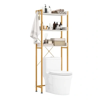 Afbeelding van COSTWAY Toiletrek, 3 traps badkamerrek, ruimtebesparend, wasmachinerek met 4 haken en verstelbare poten, badkamerrek voor boven het toilet, wc rek badkamer (wit)