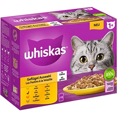 Afbeelding van 48x85g 1+ Adult Gevogelte selectie in Gelei Whiskas Kattenvoer Maaltijdzakjes