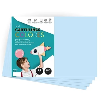 Afbeelding van Cartulina de Colores, A4 Color Pastel, Folios Colores 180gr para Manualidades, Imprimir tus Documentos y Diseños Creativos, Pastel · m office (x250, azul claro)