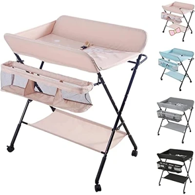 Afbeelding van Verschoontafel Baby Opvouwbaar en Draagbaar, in Hoogte Verstelbaar, Luiertafel, Verzorgingstafel Giraffe Patroon, Luiertafel commode met 4 Wielen,80 * 66 98 cm (roze)