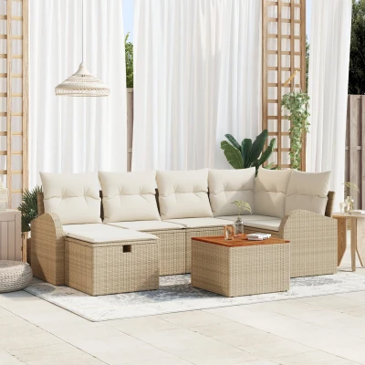 Afbeelding van vidaXL 7 Persoons Tuin Sofa Set met Kussens Beige Poly Rattan