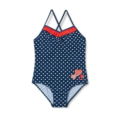 Afbeelding van Playshoes Badpak UV Werend Harten Blauw Rood Maat 134/140