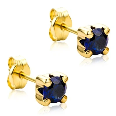 Afbeelding van Orovi Dames gouden sieraad met edelsteen solitaire oorstekers 9 karaat geelgoud of witgoud (375) / robijn, saffier, smaragd, zirkonia ronde oorsieraden klauwzetting, goud, Saffier